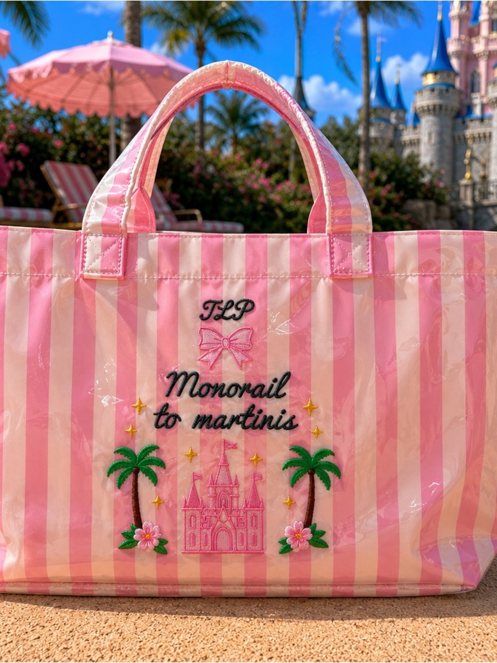 Pink Striped Tote Bag — Monorail to Martinis Embroidered Design